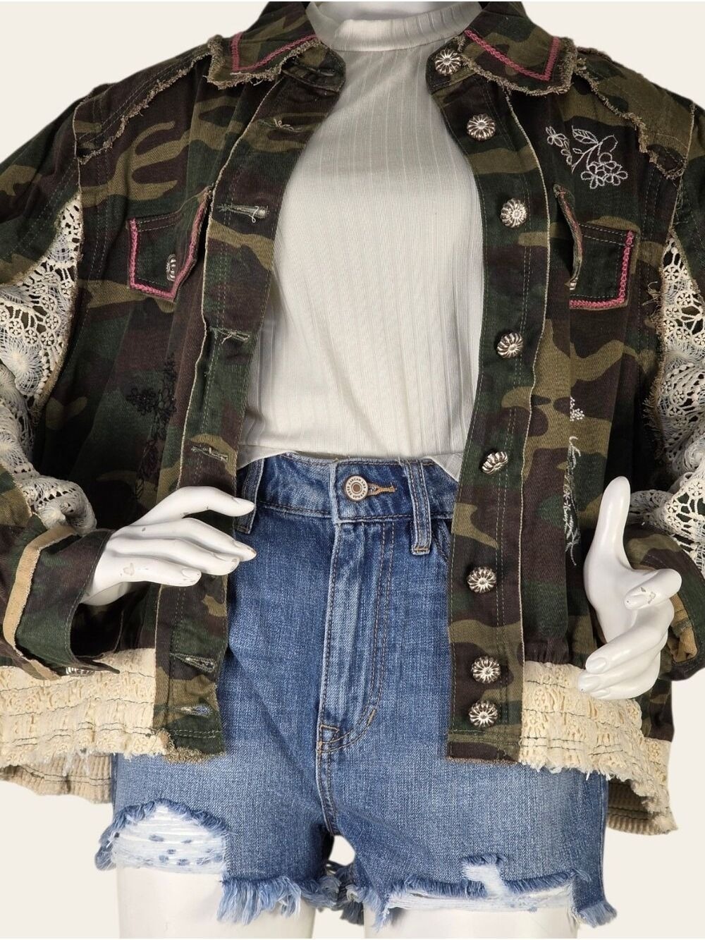 POL Camo Lace Balloon Sleeve Jacket Boho Western Shacket NWT Large